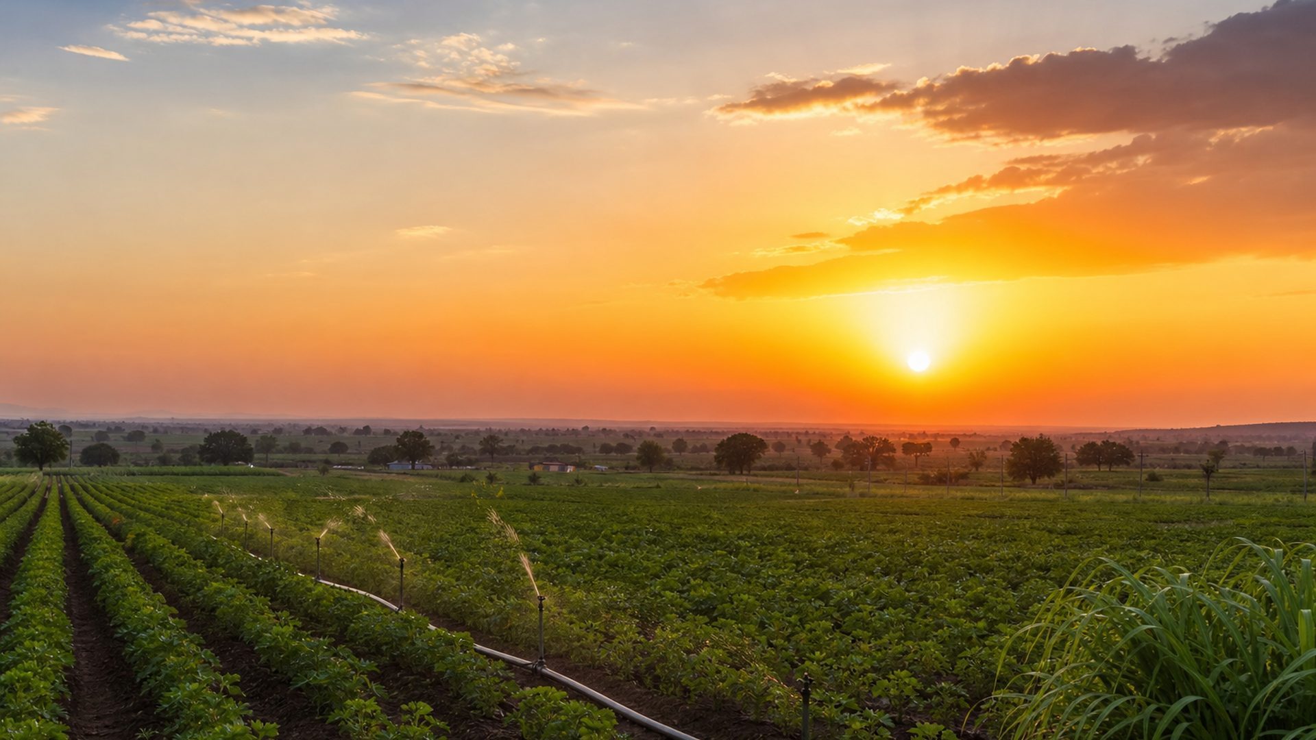 Sunrise over irrigated green farm fields in Gujarat